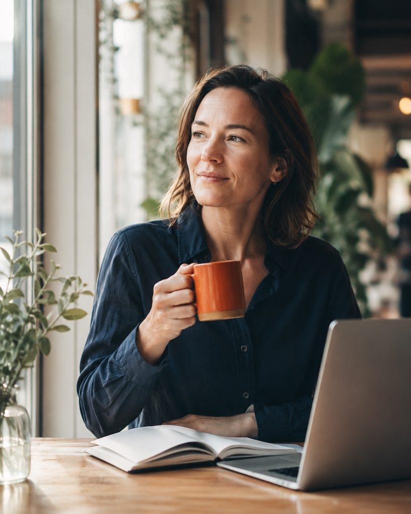 A founder mid-thought over coffee